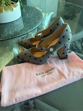 kate spade Gray Polka Dot Mary Jane Heels with Crystal Button